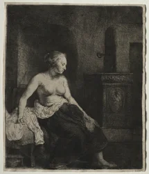 Vrouw die half aangekleed naast een kachel zit, 1658