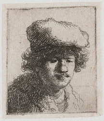 Zelfportret met naar voren getrokken baret