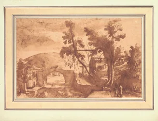 Een berglandschap met een brug over een rivier, figuren op een weg bij een boerderij rechts (inkt  wassing met krijt op papier)