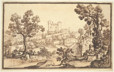 Landschap met een Rustende Man, Boerderijen en een Kasteel