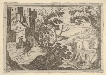Landschap met gebouwen links en een brug rechts beneden