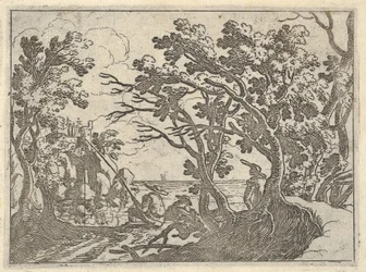 Landschap met visser aan de kust en mannelijke toeschouwer onder bomen, een man in een boot