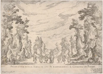 Gezicht op de scène waarin het Oordeel van Paris wordt weergegeven Prospettiva della scena i..., 1608
