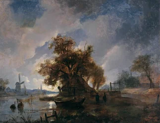 Duits: Nederlands rivierlandschap in het maanlicht Nederlands rivierlandschap in het maanlicht