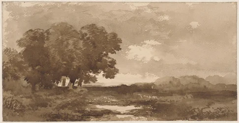 Landschap met links bomengroep