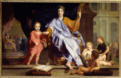 De welsprekendheid Allegorie van de welsprekendheid gekroond, op de achtergrond, koning Lodewijk XIV voor zijn hovelingen
