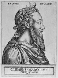 Portret van Clement des Marets genaamd Marot (1496-1544), Franse dichter - Clement Marotius poeta gallicus gravure door Rene Boyvin 1576