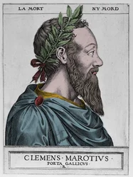 Portret van Clement des Marets genaamd Marot (1496-1544), Franse dichter - Clement Marotius poeta gallicus gravure door Rene Boyvin 1576