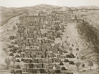 Uitzicht op een deel van de stad Timboektoe vanaf een heuvel, illustratie uit Journal dun Voyage a Tombouctou et a Jenne, 1830