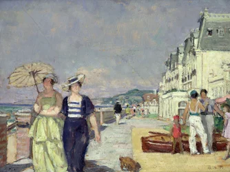 Elegante vrouwen aan de kust in Cabourg, c.1929