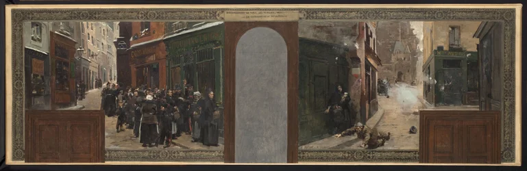 Schets voor het kantoor van de prefect in het stadhuis van Parijs: Het bombardement van Mont Sainte-Geneviève. Rantsoenering van de bevolking