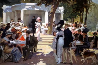 Bij de Vittel spa: mensen drinken verfrissingen, begin 20e eeuw (illustratie)