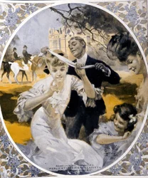 Tuinspelen: voorbereiding van een spel van haaknet, begin van de eeuw. Illustratie door Rene Lelong (1871-1933)
