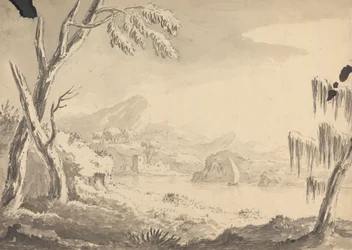 Landschap met kasteel aan de rivier