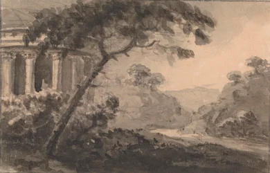 Landschap met klassiek gebouw links