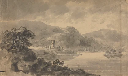 Landschap met rivier, kasteel en bergen