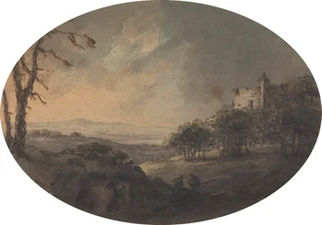 Landschap met Twee Mannen op een Heuvel en een Kasteel in de Verte