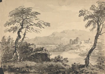 Landschap met twee bomen en kasteel