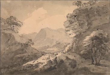 Bergachtig landschap met rotsachtige top rechts