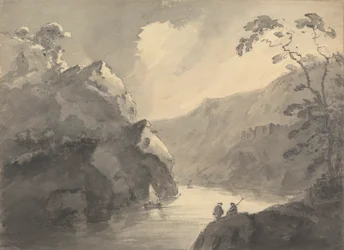 Bergachtig landschap met kronkelende rivier en kasteel