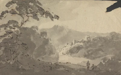 Twee mannen kijken naar landschap met kasteel, rivier en berglandschap