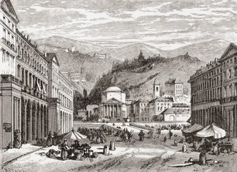 Een straat in Turijn, Italië in de late 19e eeuw. Uit Italiaanse afbeeldingen door Rev. Samuel Manning, gepubliceerd ca. 1890.