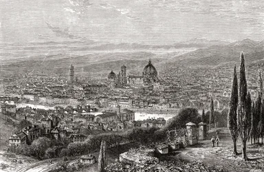 Een uitzicht op Florence, Toscane, Italië vanaf het terras van San Miniato, in de late 19e eeuw. Uit Italiaanse Prenten door Rev. Samuel Manning, gepubliceerd c.1890.