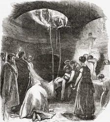 Een vroege christelijke begrafenis in de catacomben van Rome, Italië. Uit Italiaanse afbeeldingen door Rev. Samuel Manning, gepubliceerd ca. 1890.