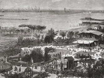 Openbare tuinen en rede van Livorno, ook bekend als Leghorn, Toscane, Italië in de late 19e eeuw. Uit Italiaanse afbeeldingen door Rev. Samuel Manning, gepubliceerd ca. 1890.