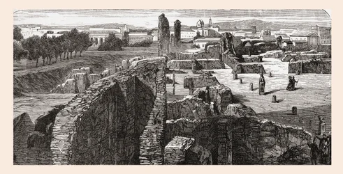 Overblijfselen van de Bibliotheca in het paleis van de Caesars, Palatijn, Rome, Italië in de late 19e eeuw. Uit Italiaanse afbeeldingen door Rev. Samuel Manning, gepubliceerd ca. 1890.