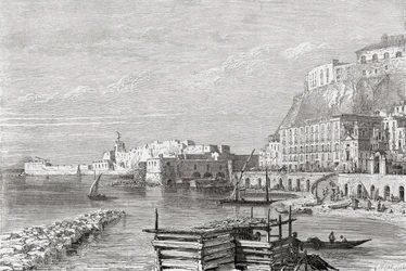 De kade van Santa Lucia, Napels, Italië in de late 19e eeuw. Uit Italiaanse foto