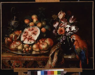 Stilleven met rode papegaai (en fruit)