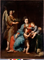 Maagd met kind met Sint Jan de Doper Schilderij door Reynaud Levieux (1613-1699) 17e eeuw Dim 108x76 cm Genua, Musei di Strada Nuova (ex Palazzo Bianco)