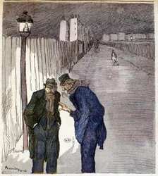 Twee mannen in gesprek in een sinister steegje - tekening van Ricardon Florès