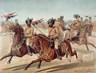 Verkenners van de 10e Bengal Lancers, het Anglo-Indiase leger van de jaren 1880