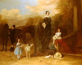 Een Familie met hun Jagers en Honden Buiten een Landhuis