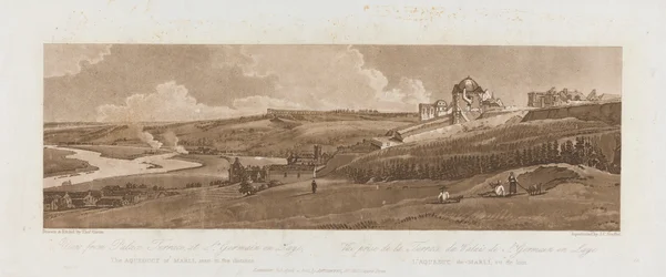 Uitzicht vanaf Paleis Terras in St. Germain en Laye; Het Aquaduct van Marli in de verte 1803; Plaat 16 uit Uitzichten in Parijs, het Emanuel Volume tracing van de plaat