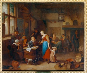 Drinkers in een taveerne, een baby in een wieg - Drinkers et musiciens dans un cabaret, avec enfant au cerceau ...