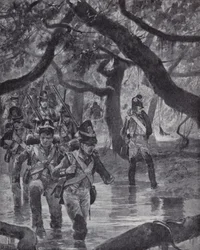 Britse soldaten steken de moerassen van de Essequibo-rivier over in Brits Guyana