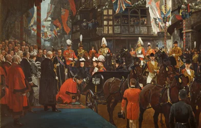 Koningin Victoria die Herbert Ashman, Esq., de eerste burgemeester van Bristol, tot ridder slaat in het raadhuis, 12 november