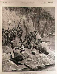 De Birma Expeditie: Gevecht met Dacoits, 12 januari, nabij Shoay Green, uit The Illustrated London News, 13 maart 1886