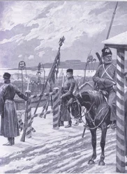 Een Kozakkenstation in Mantsjoerije met stamtekens boven de hutten van de mannen, illustratie uit Cassells History of the Russo-Japanese War Vol 1, ca. 1900