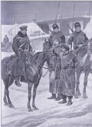 Arrestatie van Japanse spionnen ontdekt als koelies, illustratie uit Cassells History of the Russo-Japanese War Vol 1, ca. 1900