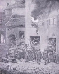 In gevecht met de vijand: Huis-aan-huis gevechten in Ieper, uit Geschiedenis van de Grote Oorlog Vol 3 gepubliceerd door Waverley Book Co Limited, ca. 1920