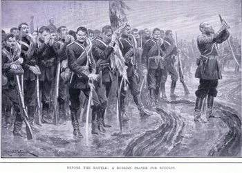 Voor de slag: Een Russische gebed voor succes, illustratie uit Cassells History of the Russo-Japanese War Vol 1, ca. 1900