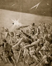 Britse infanterie die zich een weg baant door Duitse prikkeldraadversperringen
