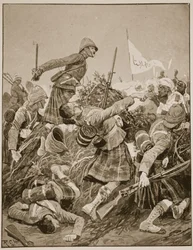 De Seaforth Highlanders bestormen de zareba bij de Slag om Atbara, illustratie uit 