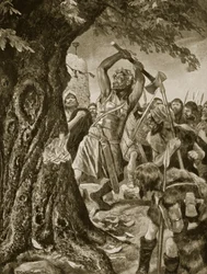 Malachy velt in 982 de kroningsboom van Munster, illustratie uit ‘Hutchinson