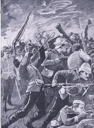 De verdediging van Rorkes Drift, illustratie uit British Battles on Land and Sea, 1915