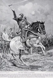 De eerste aanval bij Hastings: Taillefer, de minstreel en zwaardjongleur, reed uit de gelederen, zong en wierp zijn zwaard in de lucht, 1066, illustratie uit “Hutchinsons geschiedenis van de Britse natie”